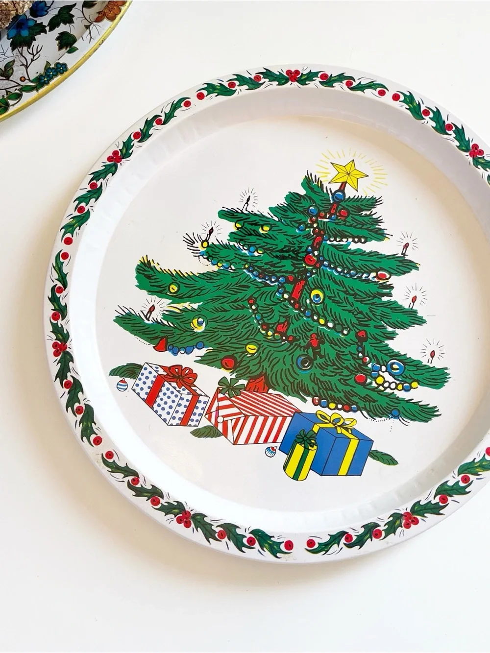 Vintage Christmas Tree 13” Metal Platter